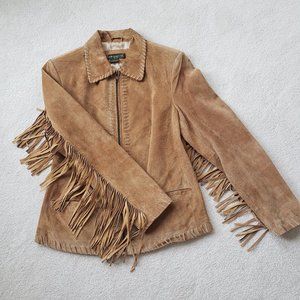 Genuine suede leather jacket with fringe sleeves - Zipper- Size S - Tan